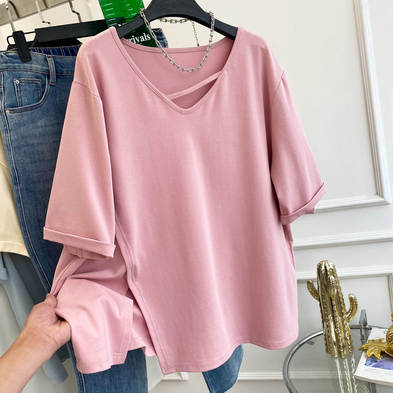 特大码300斤下摆开叉短袖T恤上衣