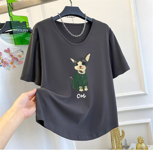 胖妹妹大码 T恤女夏宽松上衣 200斤趣味卡通小猫印花u型领休闲短袖