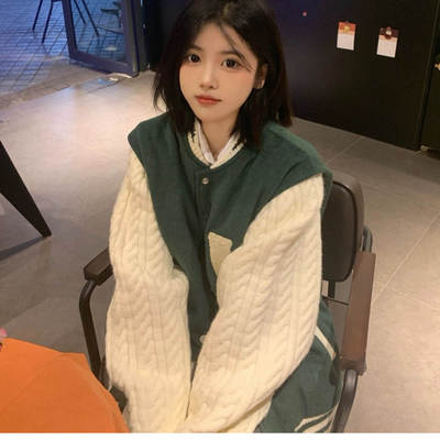 胖MM大码美式复式针织开衫外套