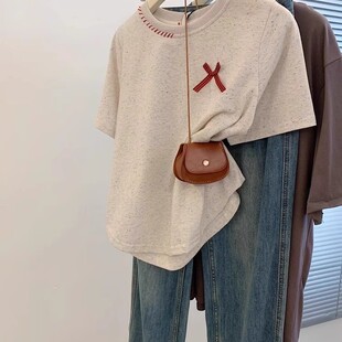 200斤蝴蝶结撞色圆领短袖 胖妹妹大码 T恤小个子宽松显瘦遮肉上衣女