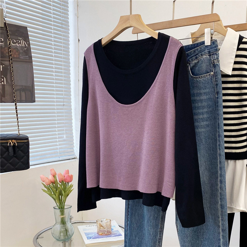 特大码300斤拼接撞色假两件针织