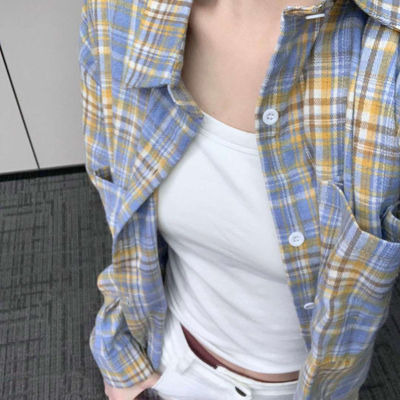 胖MM大码黄蓝格子长袖衬衫衬衣
