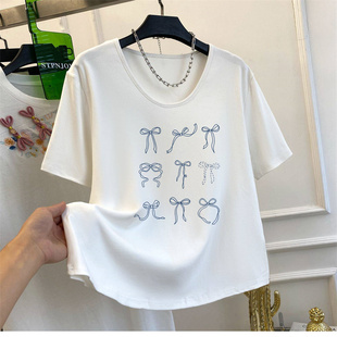 显瘦上衣 T恤女夏季 胖妹妹大码 200斤韩系穿搭蝴蝶结印花u型领短袖