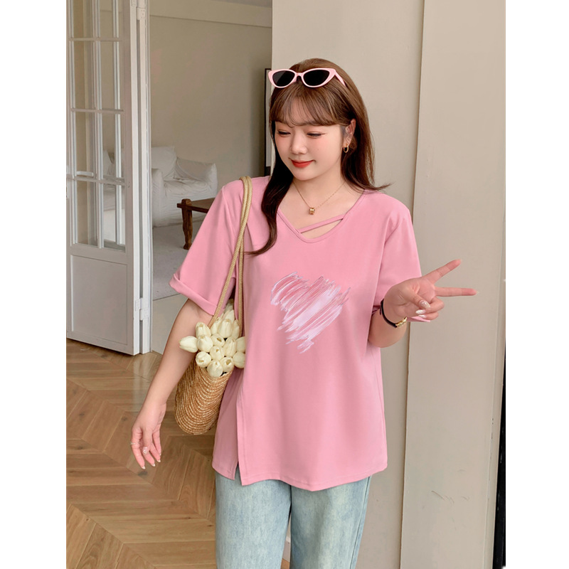 特大码300斤爱心印花开叉短袖T恤