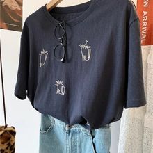 特大码300斤刺绣猫咪雪花棉短袖T恤女夏季胖妹妹宽松遮肉休闲上衣