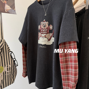 胖妹妹大码200斤减龄小熊印花格子衬衫袖拼接长袖T恤女秋冬款上衣