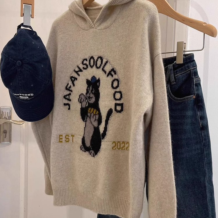 胖妹妹大码200斤韩版卡通猫咪图案连帽毛衣加厚秋冬季套头针织女