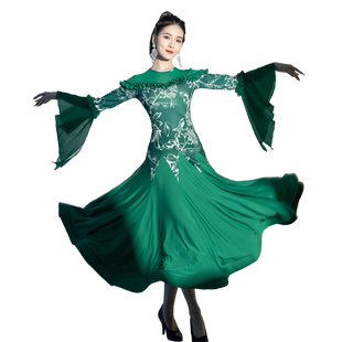 摩登舞裙女新款国标舞华尔兹交际舞拉丁喇叭袖大摆练习表演连衣裙