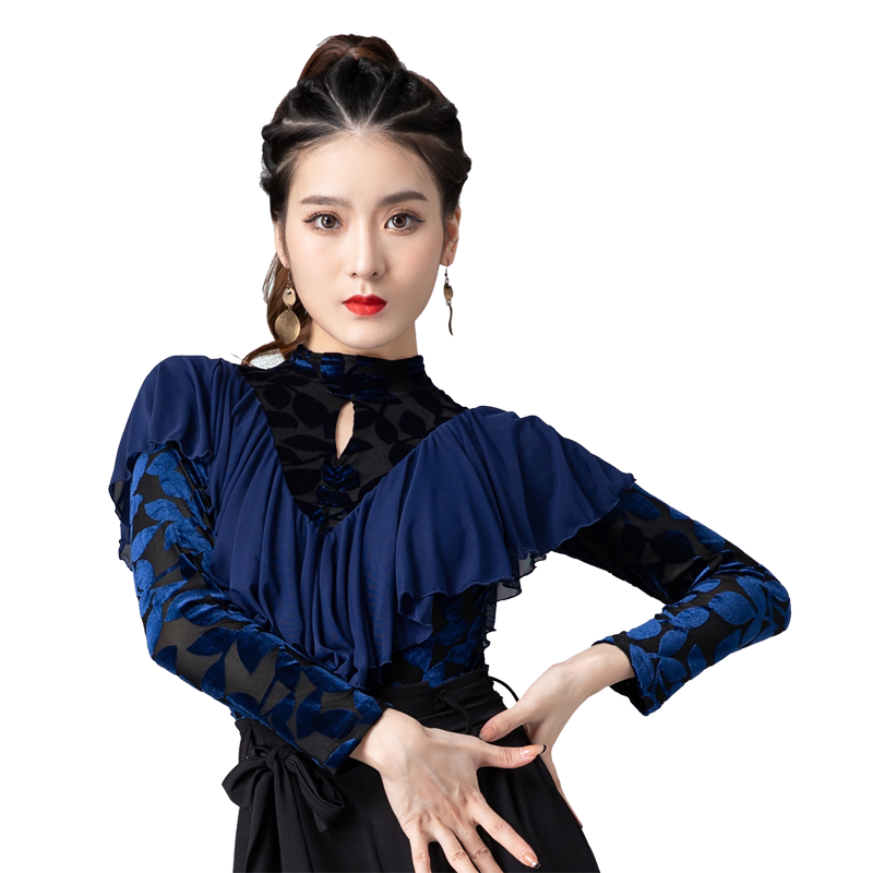 摩登舞国标舞拉丁舞衣女新款交际舞华尔兹烧花长袖连体衣