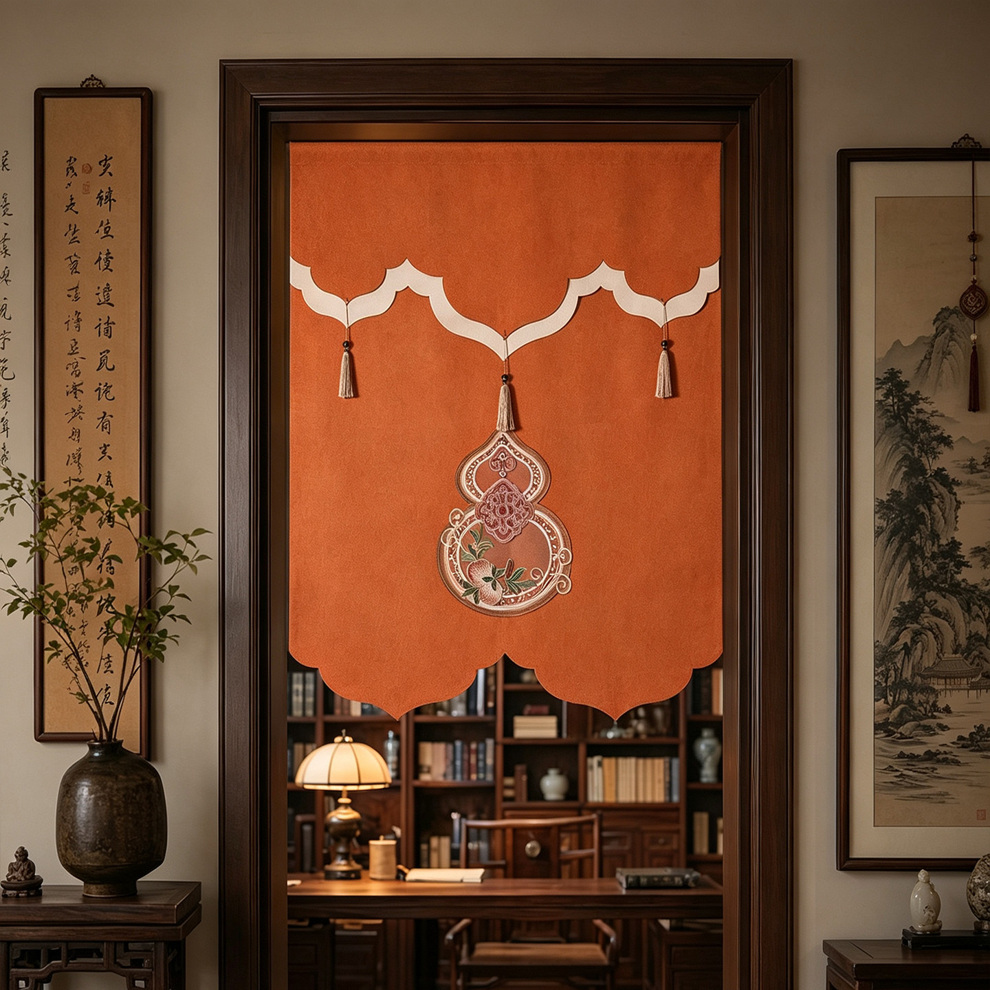 福禄双全葫芦门帘布艺刺绣半帘隔断帘卧室房间家用帘子遮挡帘挂帘