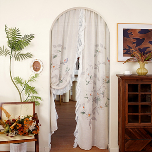 新中式门帘蕾丝纱帘高级感装饰帘卧室隐私免打孔拱形门帘遮挡帘子