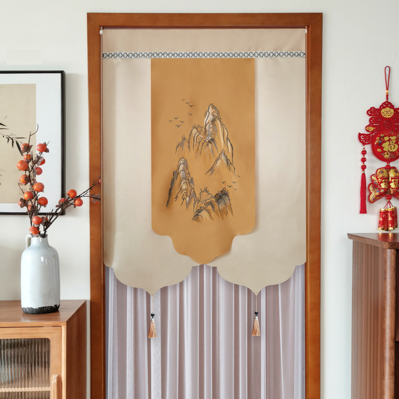 端柔中式门帘遮挡帘免打孔帘子