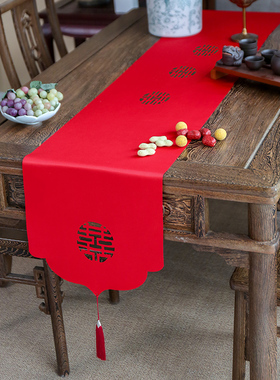 桌旗红色结婚餐桌旗布艺茶几桌布婚庆喜字中式电视柜盖布长条桌布