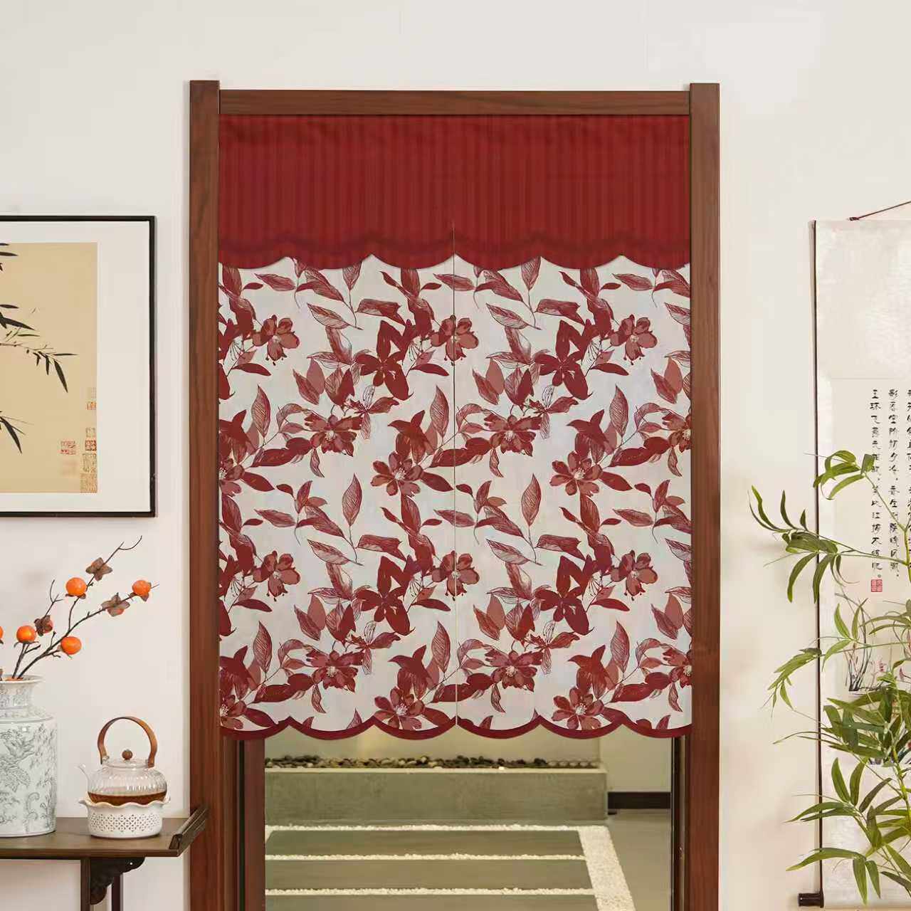 红色复古花卉门帘家用隔断帘