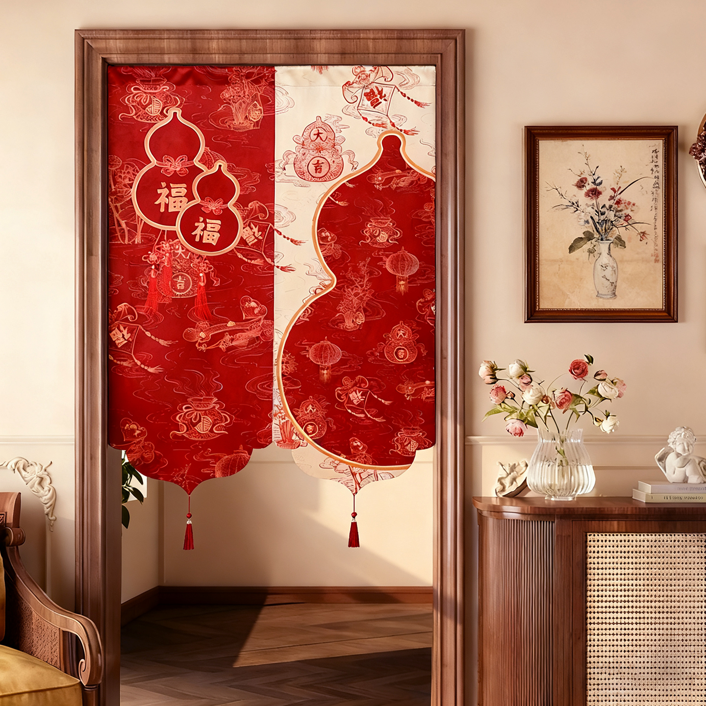 新年福字门帘隔断帘免打孔卧室客厅遮挡布帘挂帘装饰红色喜庆半帘
