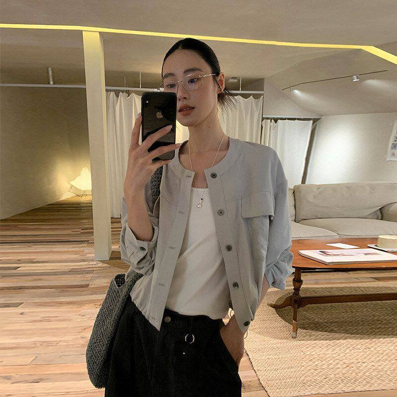 春季十三行新款韩版衬衫外套52789MOXI女装夹克圆领工装