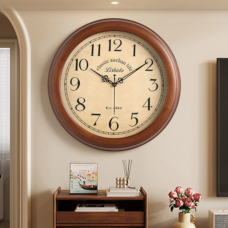 欧美式复古实木钟表挂钟客厅2026新款轻奢挂墙高级感装饰时钟挂画