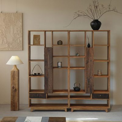 侘寂风实木博古架现代简约收纳展示柜中式民宿茶室置物架茶叶杯架