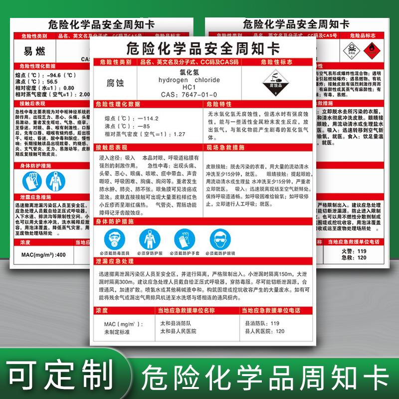 危险化学品安全周知卡 易燃有毒职业危害警示牌危险源MSDS告知牌标识牌 危化品安全技术说明书定制标志贴牌子