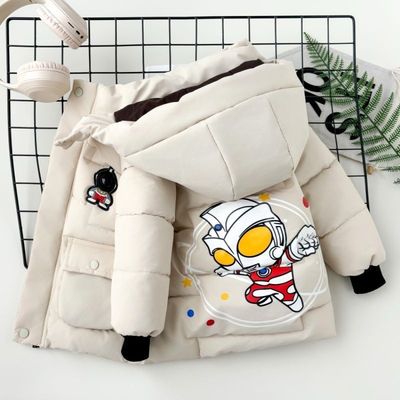 2025新款男童奥特曼羽绒棉服冬季儿童加绒加厚带包包亮灯棉衣外套