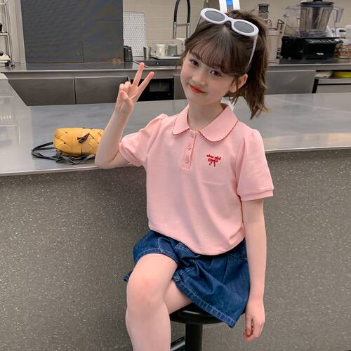翻领粉色PL衫T恤2026夏季新款短袖t恤女童上衣女孩半袖体恤中大童