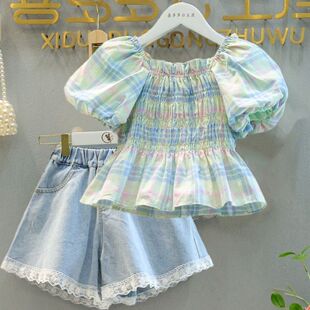 女童夏季新款套装2026洋气儿童泡泡袖短袖衬衫时髦牛仔短裤两件套