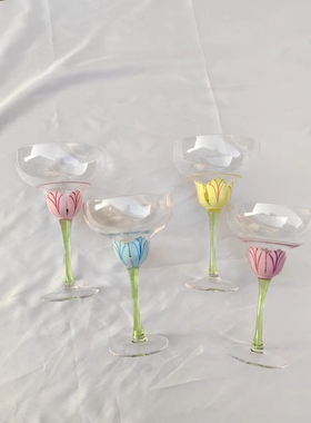 中古手绘INS四色花朵玛格丽特杯红酒杯甜酒杯冰激凌杯绿色拉亭VIN
