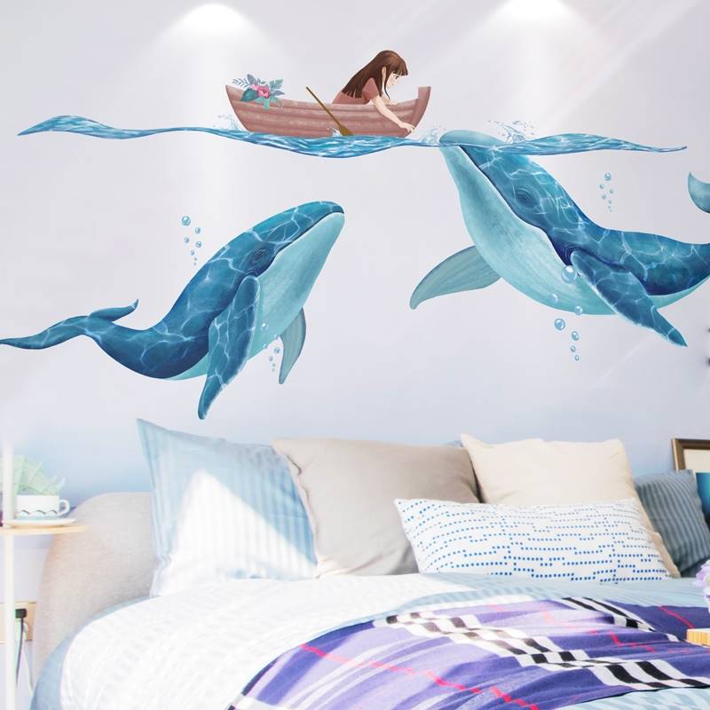 仿真鲸鱼海洋鱼墙贴纸卧室墙面儿童房间床头背景3立体装饰画墙壁图片