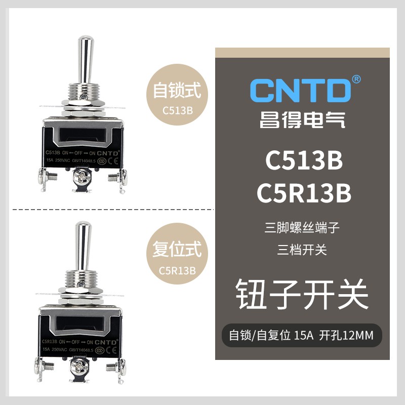 CNTD昌得钮子15A摇杆拨动式3脚3档C513B摇臂拨扭电源开关12mm双掷