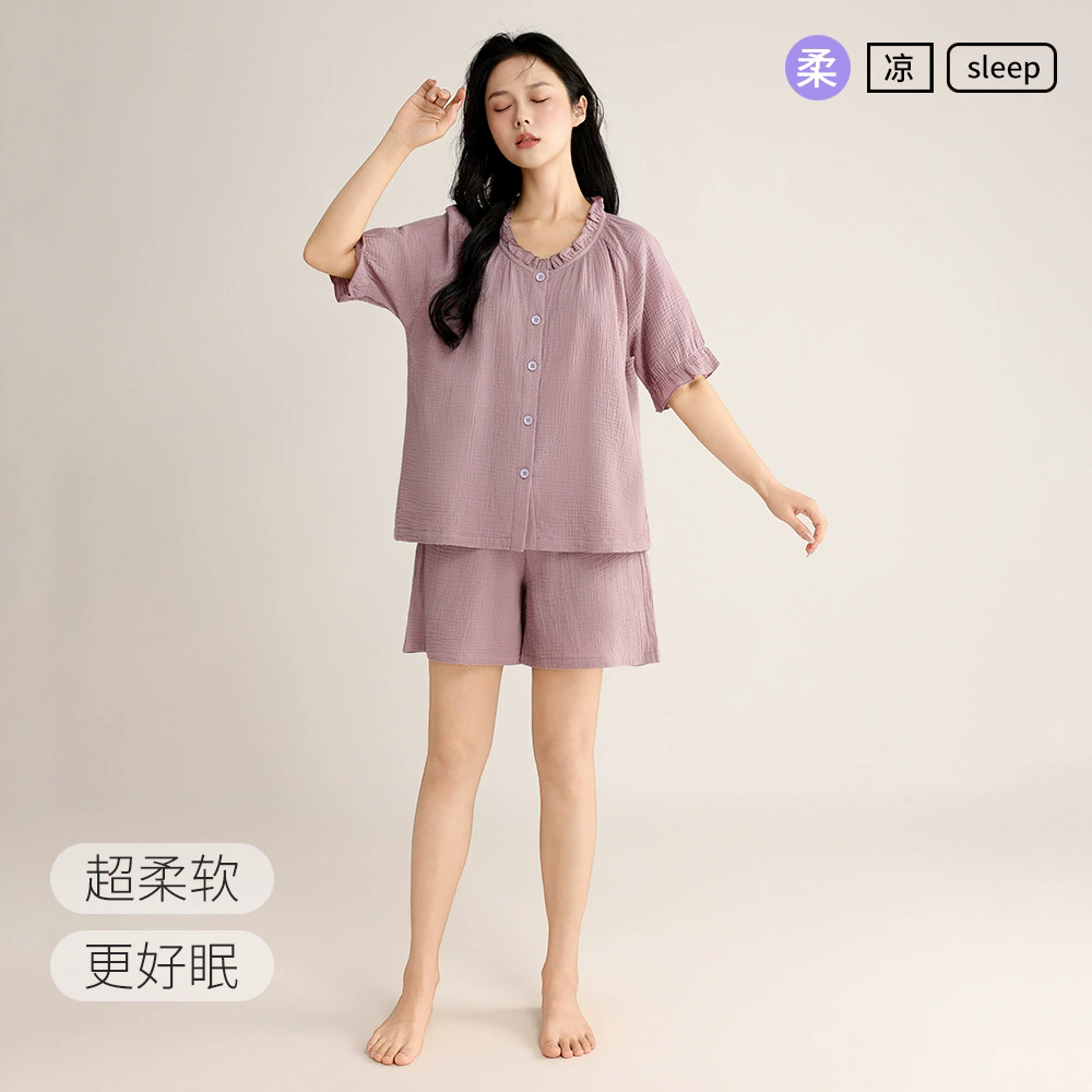 超柔软睡衣少女短袖短裤花边领可外穿白领家居服套装夏季纯棉睡衣