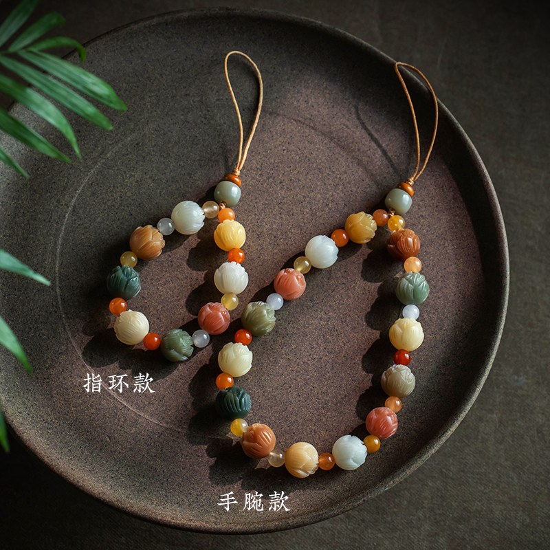 琼睿天然菩提根手机链挂绳手腕款绳指环扣挂饰中国风金丝玉小吊坠男女有钱花挂绳文艺挂链cdd相机钥匙挂饰绳