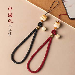 琼睿可爱菩提招财猫手机挂绳短款 手机链手腕绳吊坠挂件精致U盘挂饰手工编织手机壳挂绳相机绳子红色小挂件女