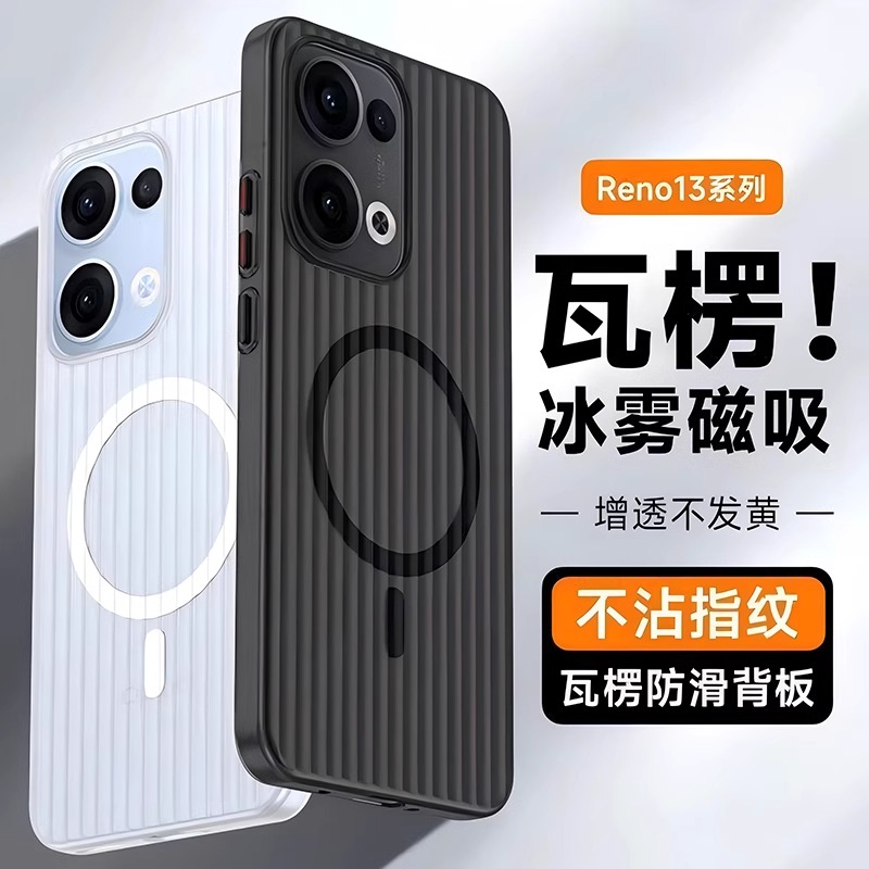 【瓦楞壳】适用opporeno14pro手机壳reno13新款磨砂磁吸Magsafe高级感条纹oppo透明超薄0pp0保护套男女款硬壳