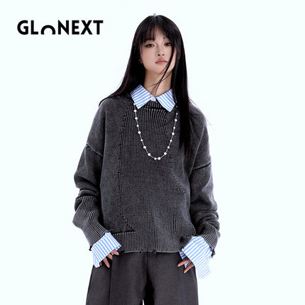 GLONEXT长袖薄款针织衫水洗破坏短款宽松圆领男女同款休闲毛衣