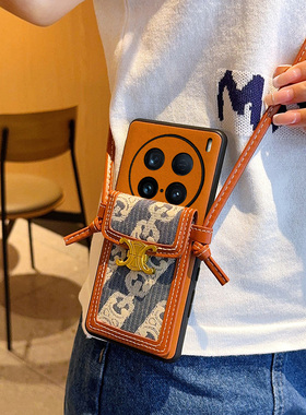 适用于vivo x100s手机壳高级棕帆布潮牌蓝色卡包x100spro斜挎可背带网红女款手机套x100ultra个性防摔保护套