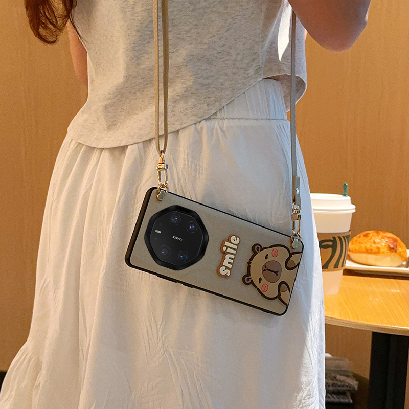 适用华为Mate80RS非凡大师手机壳斜挎水豚公仔背带挂绳女款蚕丝纹皮套奢华简约个性时尚超薄全包防摔保护套