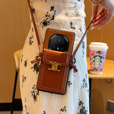 适用于华为Mate70RS非凡大师手机壳高级棕金属标斜挎卡包Mate70RS手机套个性时尚背带挂绳全包超薄防摔保护套