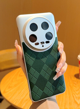 适用于小米14Ultra手机壳绿色菱格纹高级个性时尚手机套Xiaomi14Ultra无边框半包镜头全包防摔超薄保护套