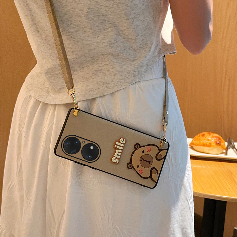 适用于华为p50手机壳蚕丝纹新款斜挎水豚背带挂绳p50pro手机套个性时尚p50e女款奢华简约超薄全包防摔保护套