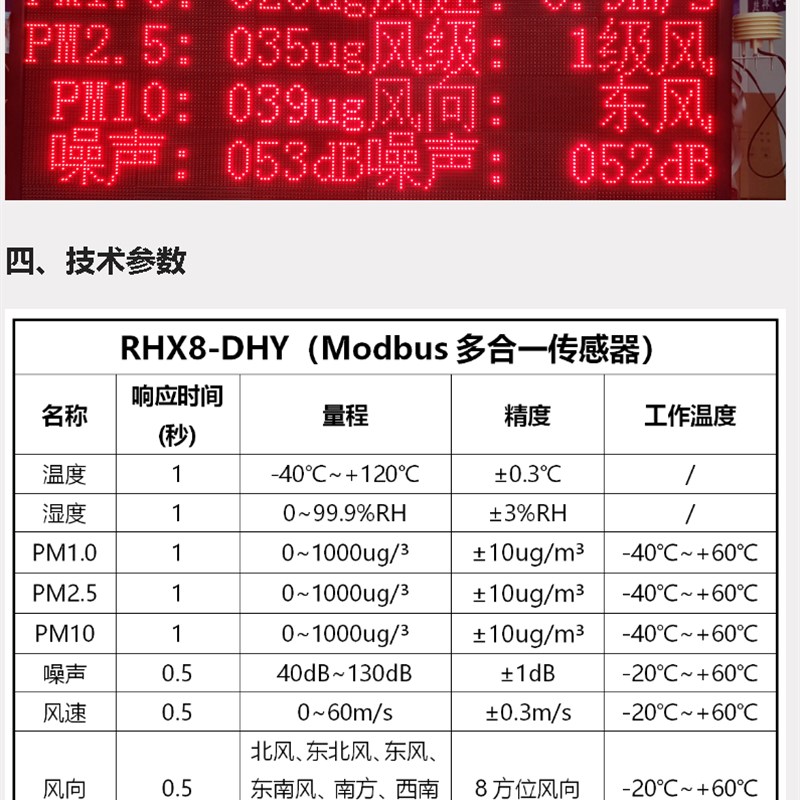 RHX8-DHY 气象环境综合传感y器 配合T8使用 PM噪声 温湿度风速风