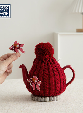 LP金鱼刺绣贴红色茶壶毛线精致壶套腈纶针隔热防烫壶衣套子可翻盖