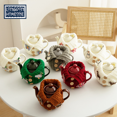 London Pottery腊肠狗刺绣贴棕色茶壶套翻领针织隔热套防烫毛衣套