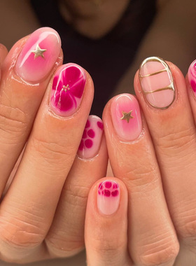 Nails with Flower Star Design Fake Nail Art Almond Press