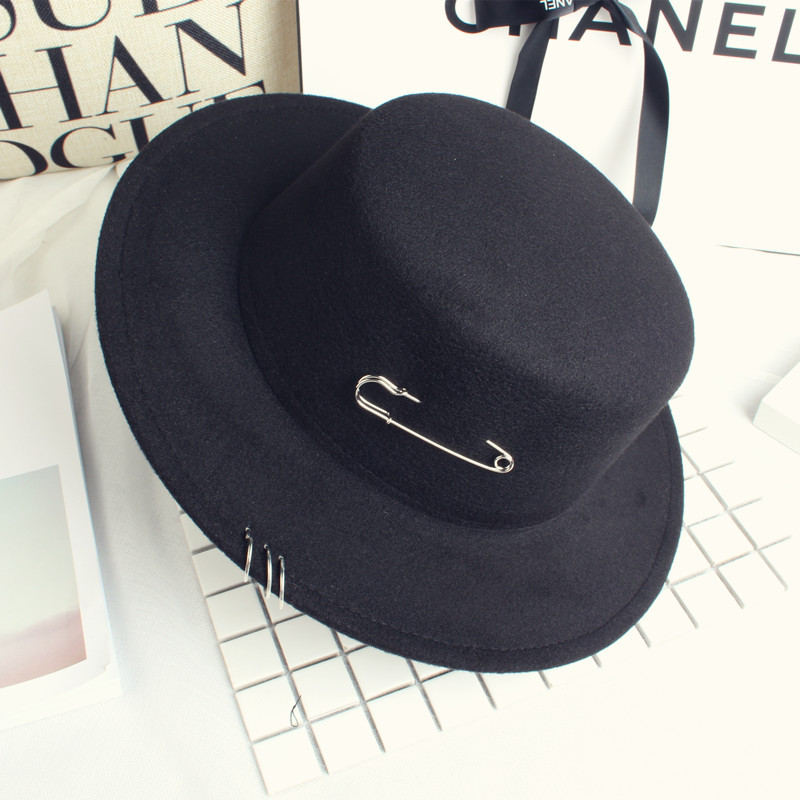 帽子男夏天韩国GD权志龙潮别针铁环黑色毛呢英伦小礼帽女士爵士帽