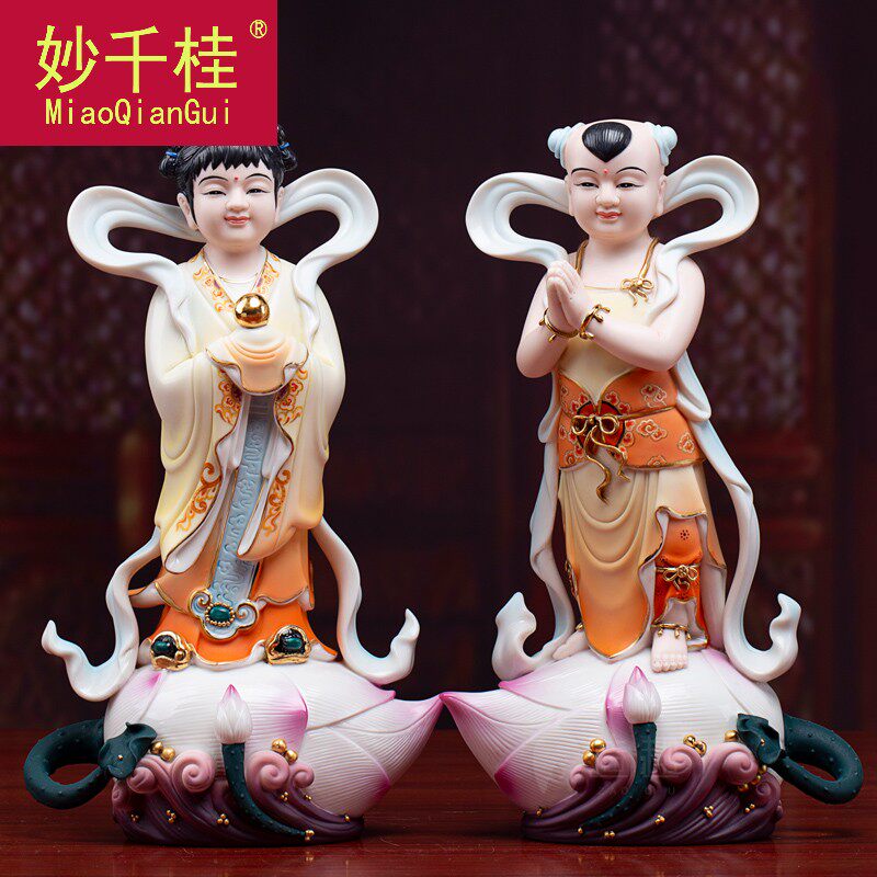 妙千桂唐彩陶瓷金童玉女佛前摆件善财童子龙女一对居家供奉佛像