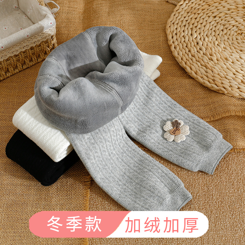 女童打底裤秋冬季加绒加厚款白色儿童连裤袜大pp外穿宝宝九分长裤