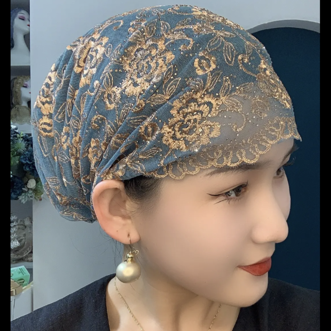 夏季薄款蕾丝包头帽玫瑰刺绣头巾遮白发帽回族女士纱巾款帽子绑巾