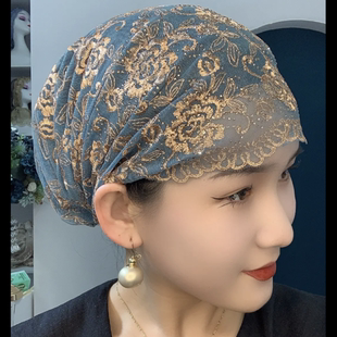 夏季薄款蕾丝包头帽玫瑰刺绣头巾遮白发帽回族女士纱巾款帽子绑巾