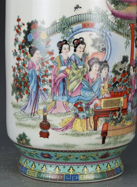 大清乾隆粉彩描金金陵十二钗棒槌瓶仿古L瓷器古董彩绘花瓶古玩