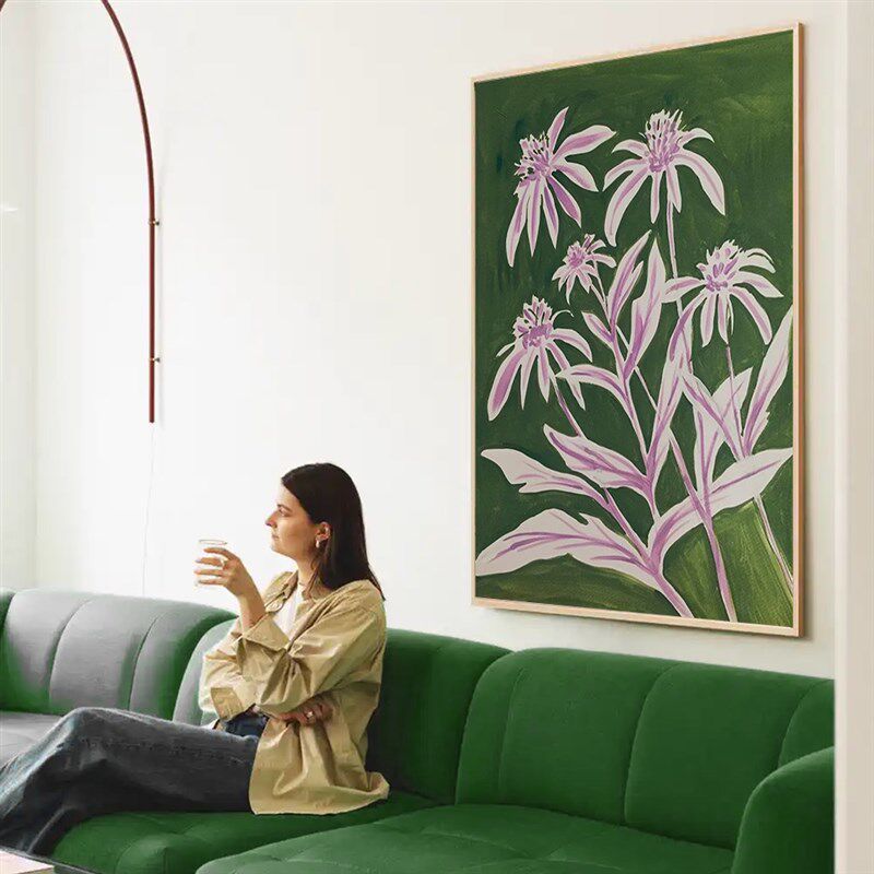 北欧ins法式风格抽p象绿色花卉挂画客厅卧室房间竖版装饰画斗柜画